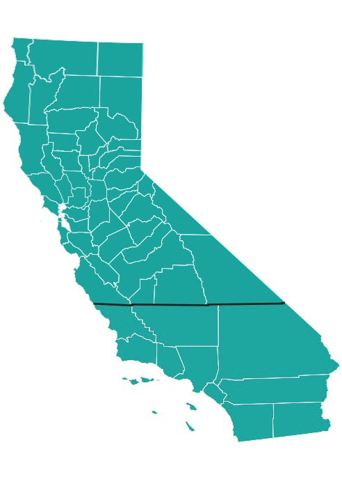 Map of California showing the divide between the Northern and Southern regions